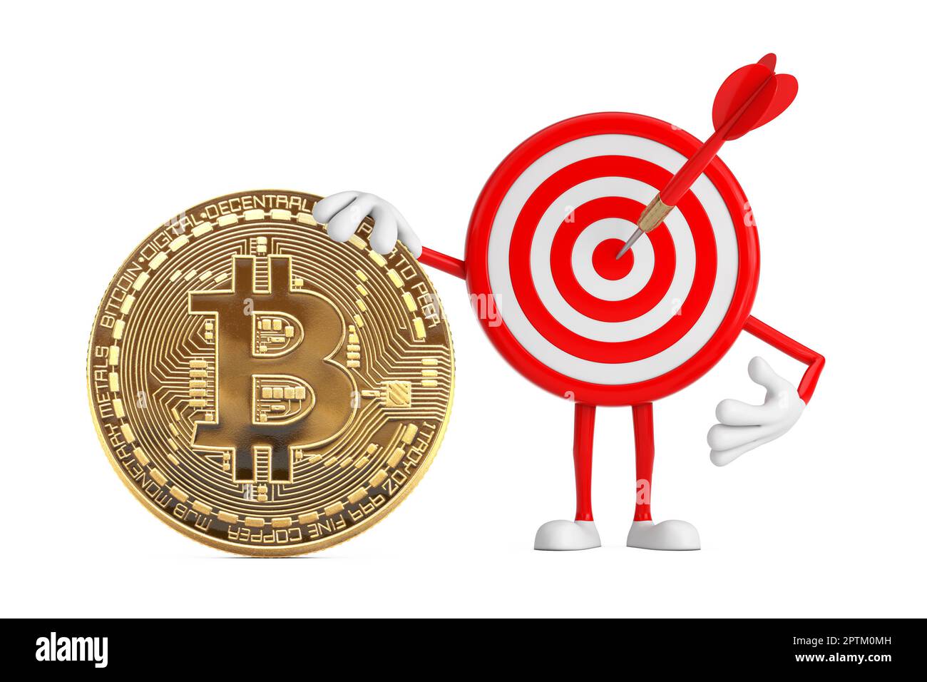 Archery Target and Dart in Center Cartoon Person Character Mascot with  Cryptocurrency Golden Bitcoin Coin on a white background. 3d Rendering  Stock Photo - Alamy