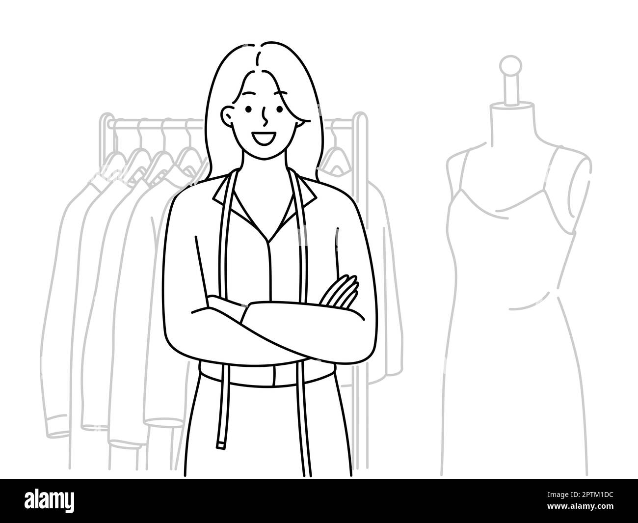 Smiling young woman designer standing near clothes collection on rack. Happy female dressmaker
