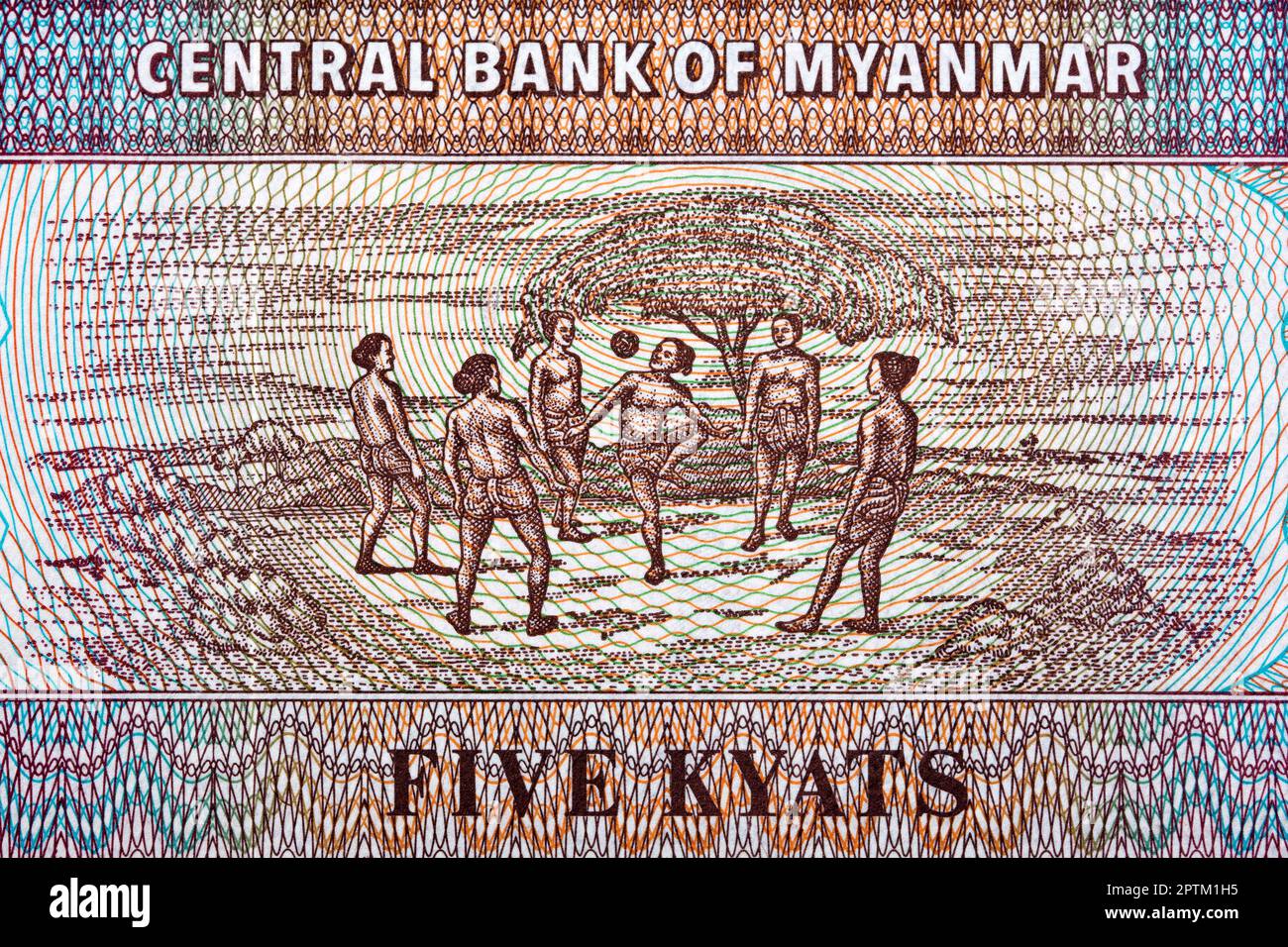 Chinlone cane ball game from Myanmar money - kyat Stock Photo - Alamy