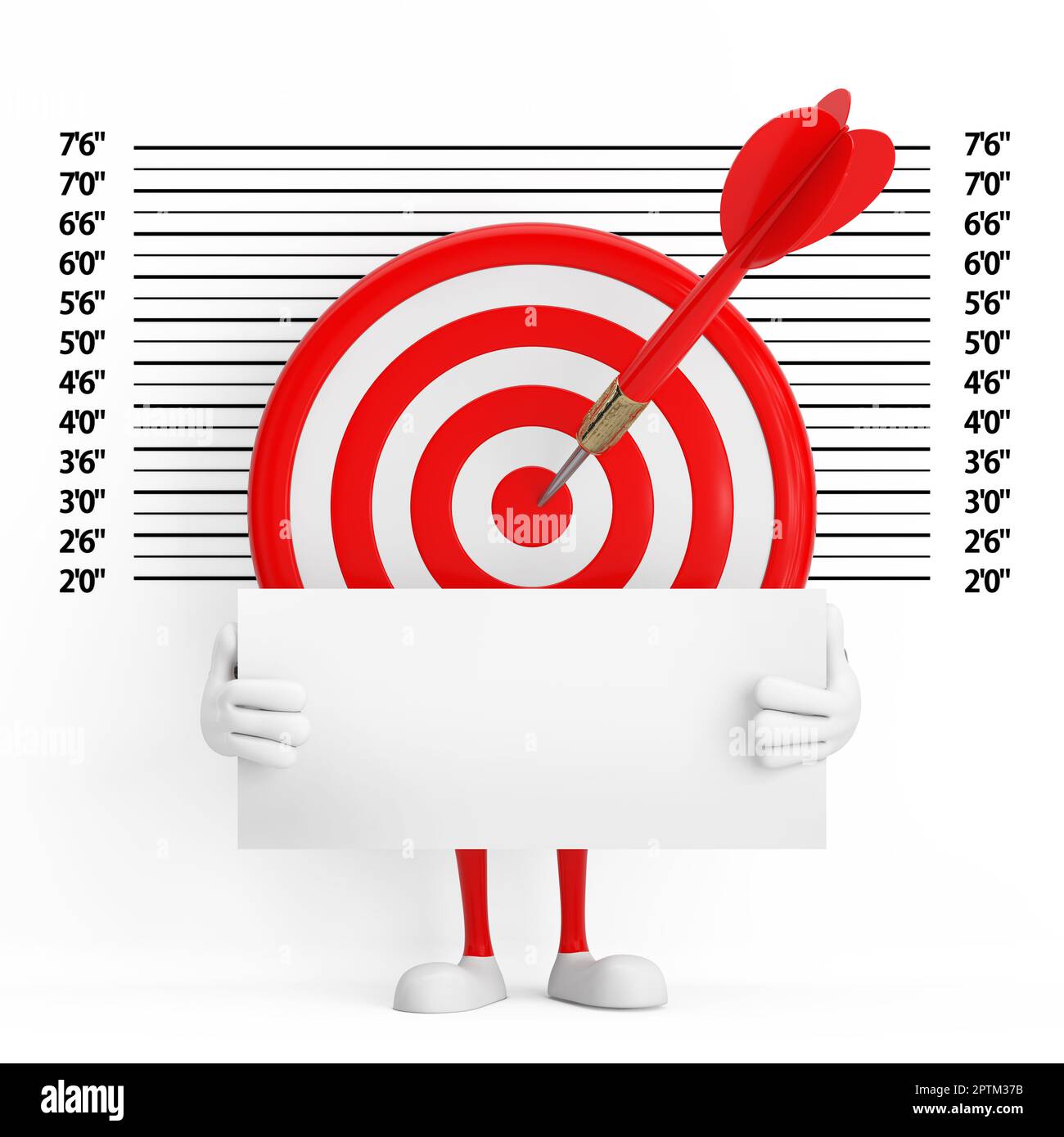 Archery Target and Dart in Center Cartoon Person Character Mascot with Identification Plate in front of Police Lineup or Mugshot Background extreme cl Stock Photo