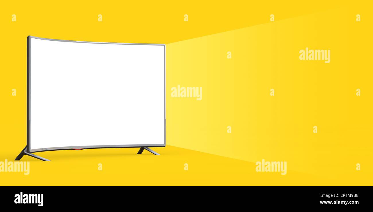 Modern Curved Led or LCD TV Screen Mockup with Blank Space for Your Design in Shape of Watch Screen Light on a yellow background. 3d Rendering Stock Photo