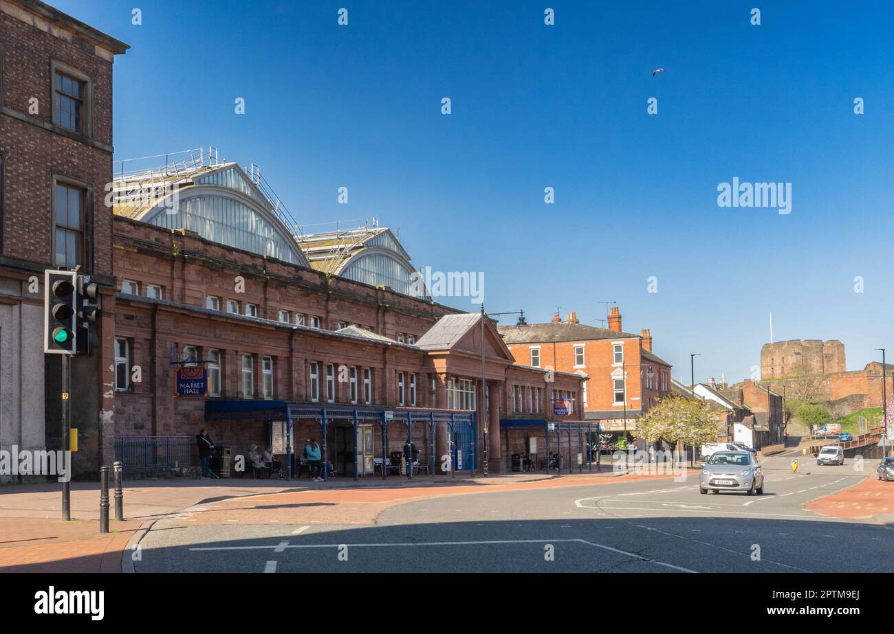 Market Hall, Carlisle, Cumbria, UK with castle in background Stock Photo