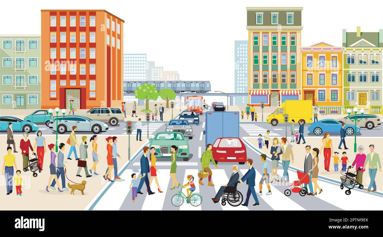 Main street with people and road traffic and in front of buildings ...