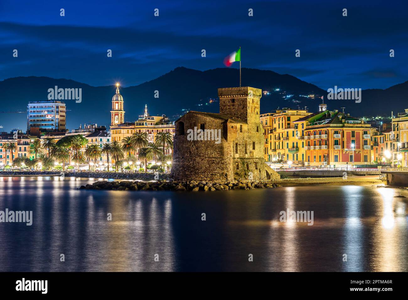 Night view of the ancient castle built on the bay of Rapallo on the ...