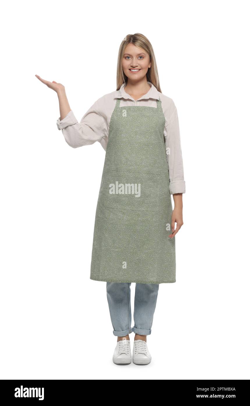 Beautiful young woman in clean apron on white background Stock Photo ...