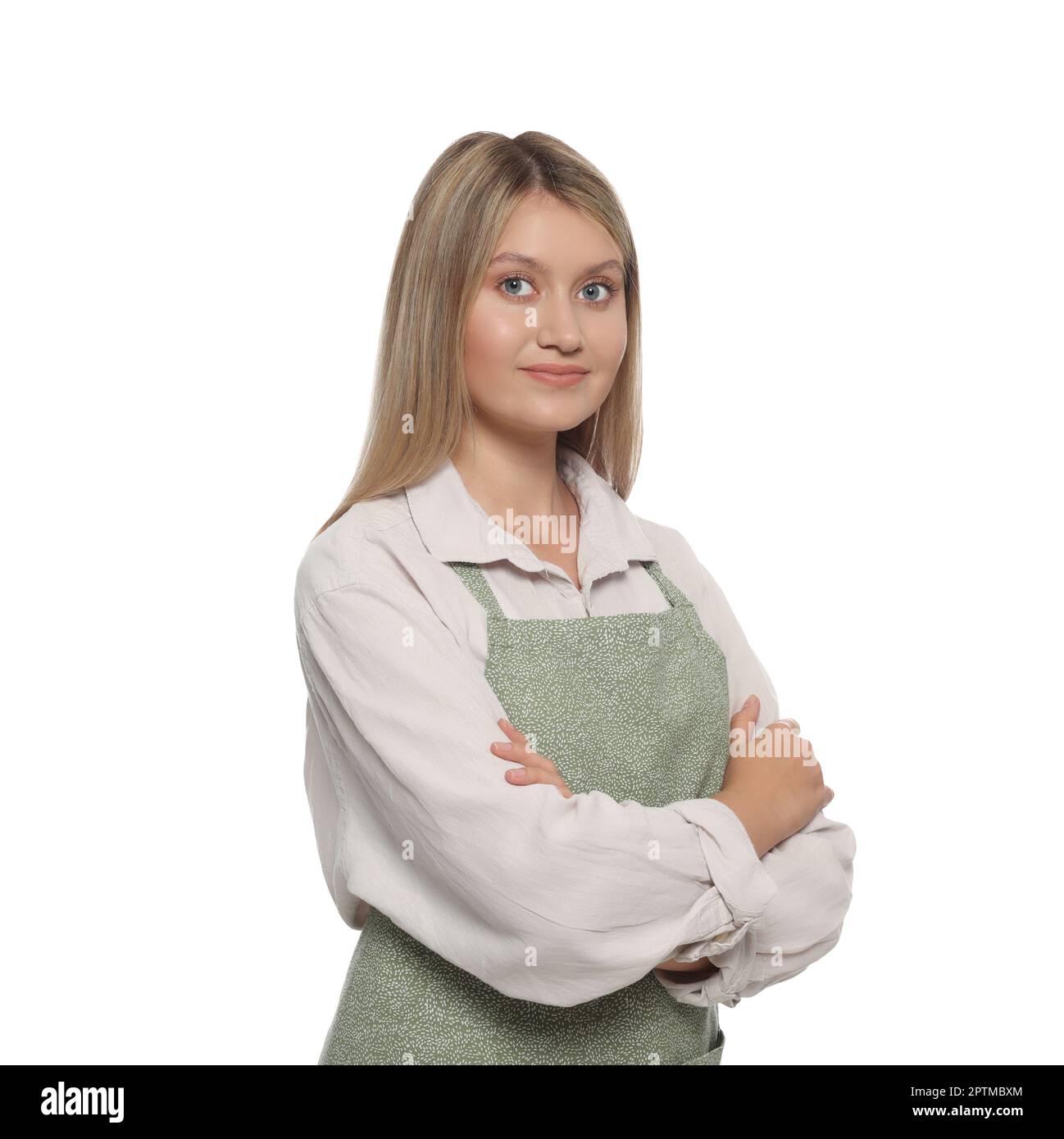 Beautiful young woman in clean apron on white background Stock Photo ...