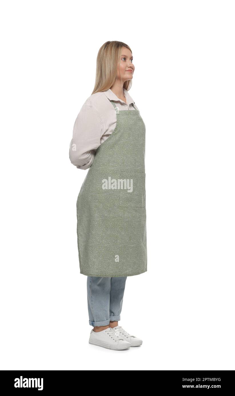 Beautiful young woman in clean apron on white background Stock Photo ...