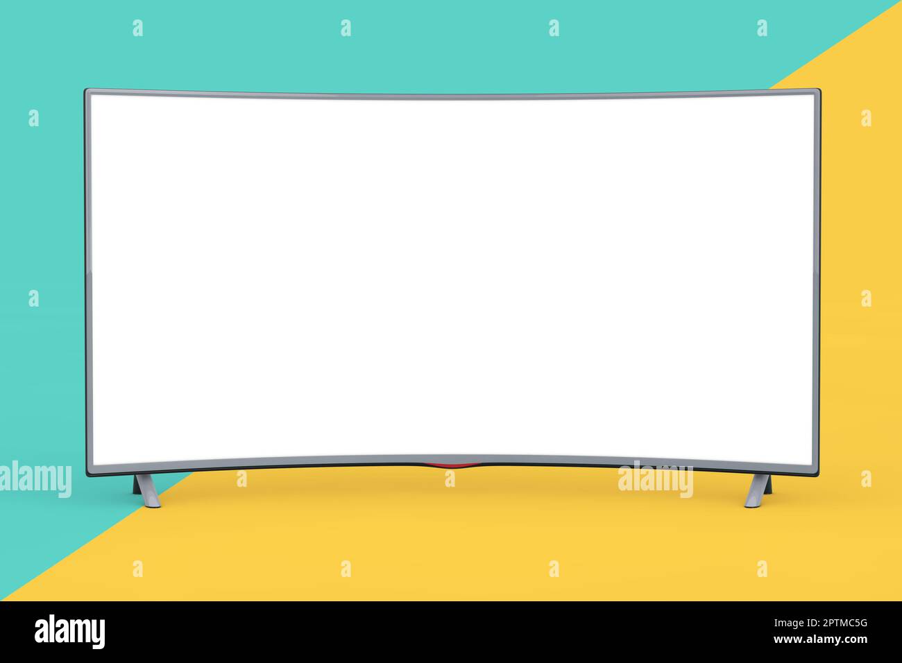 Modern Curved Led or LCD TV with Blank Screen for Your Design on a yellow and blue background. 3d Rendering Stock Photo