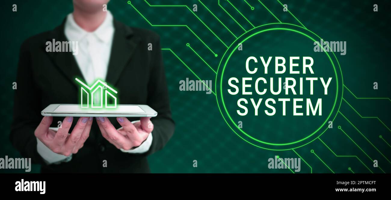 Text caption presenting Cyber Security System, Word for Techniques of protecting computers from hacking Stock Photo