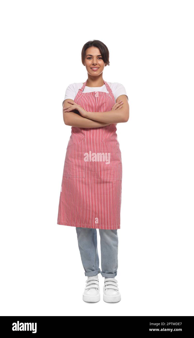 Young woman in red striped apron on white background Stock Photo - Alamy