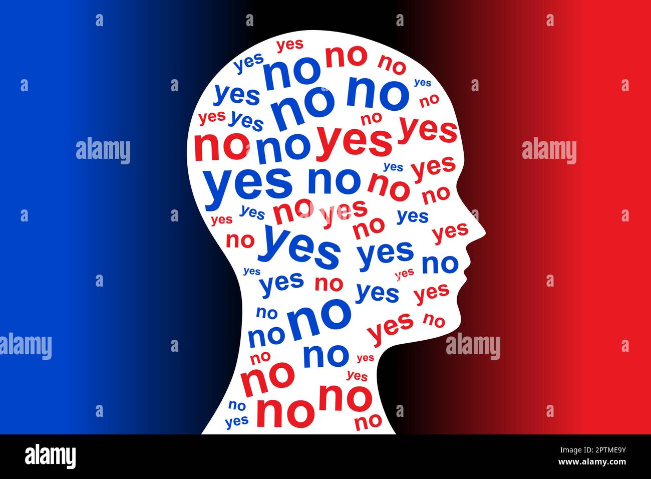 YES and NO, words colored red and blue, in a white silhouette of a head Stock Vector