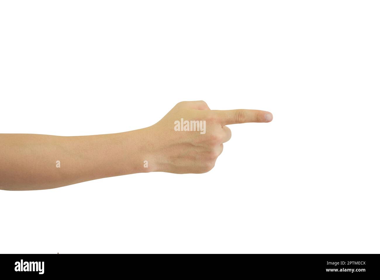 Man's hand pointing at something isolated on white background. Include ...