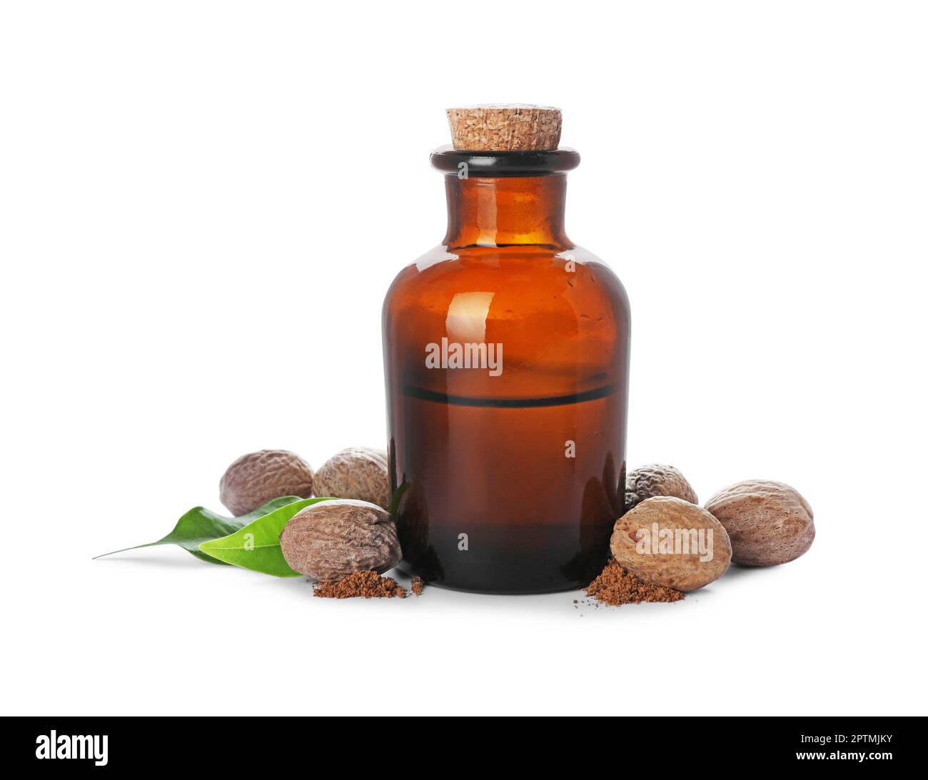 Bottle of nutmeg oil, nuts and powder on white background Stock Photo Alamy