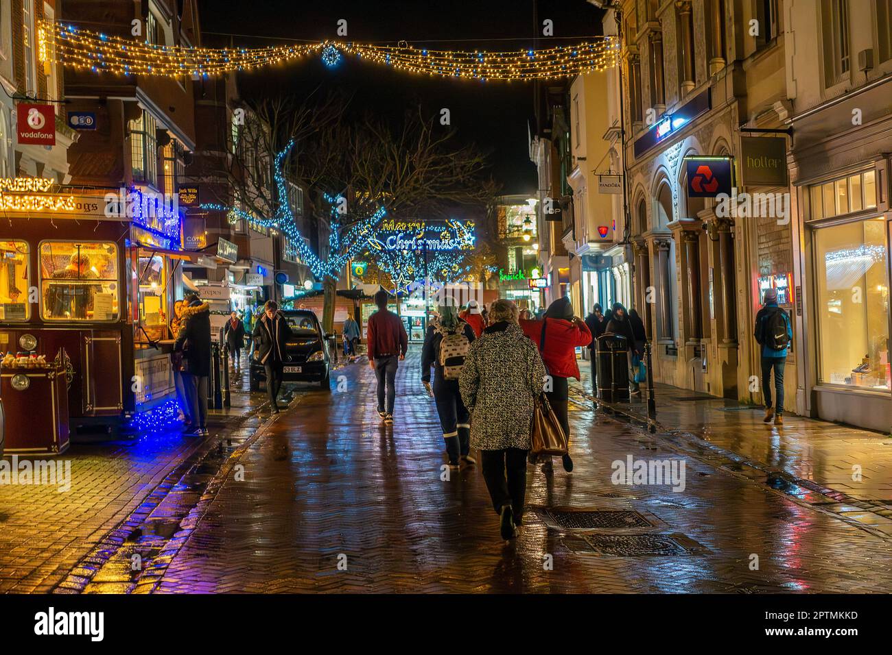 Canterbury,High Street,Christmas,Rain,festive,lights,colourful Stock Photo