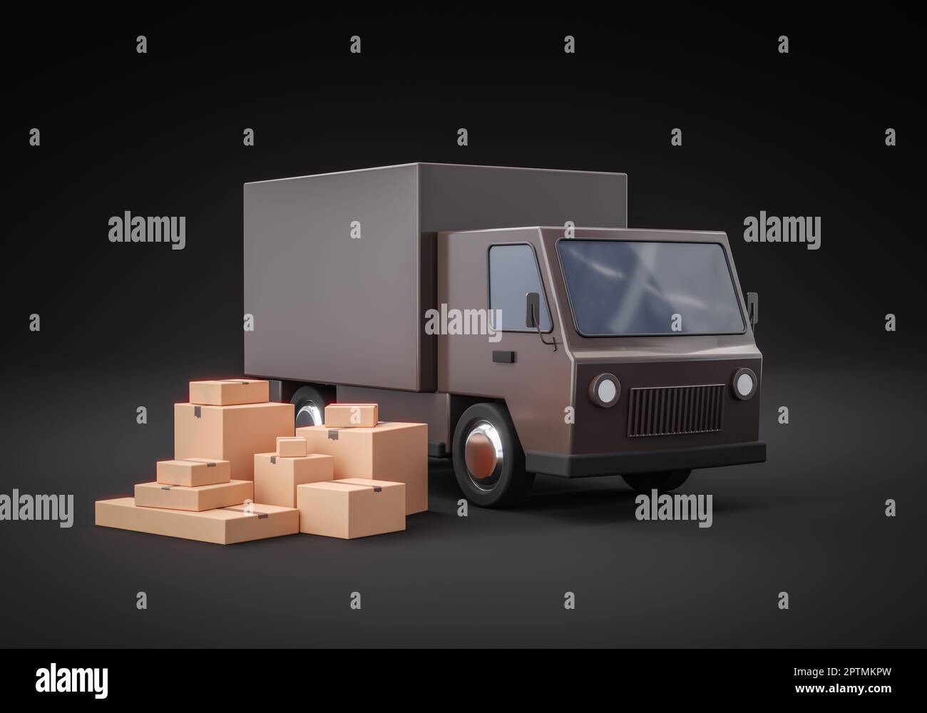 Cartoon courier bus and parcels standing next to it - dark background ...