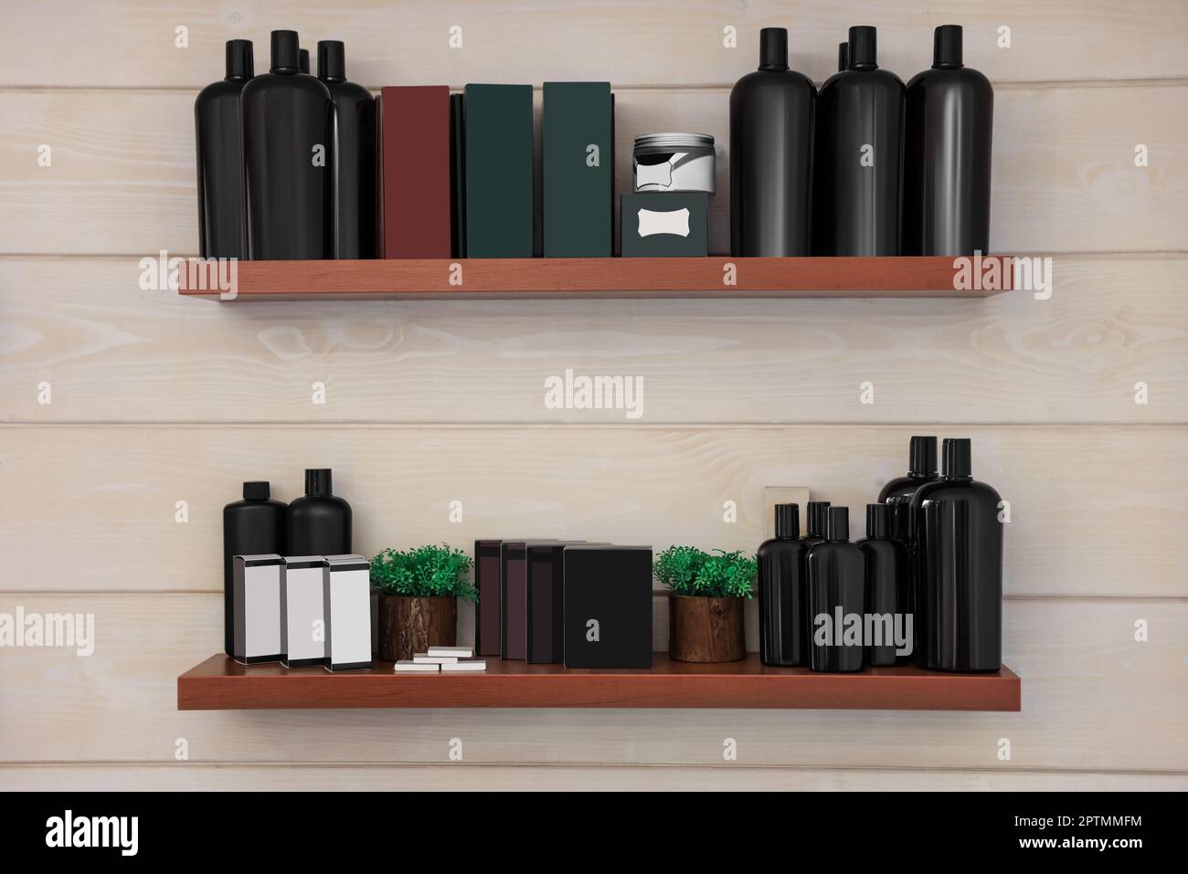 Shelves with professional hair cosmetics on wall in barbershop Stock Photo  - Alamy
