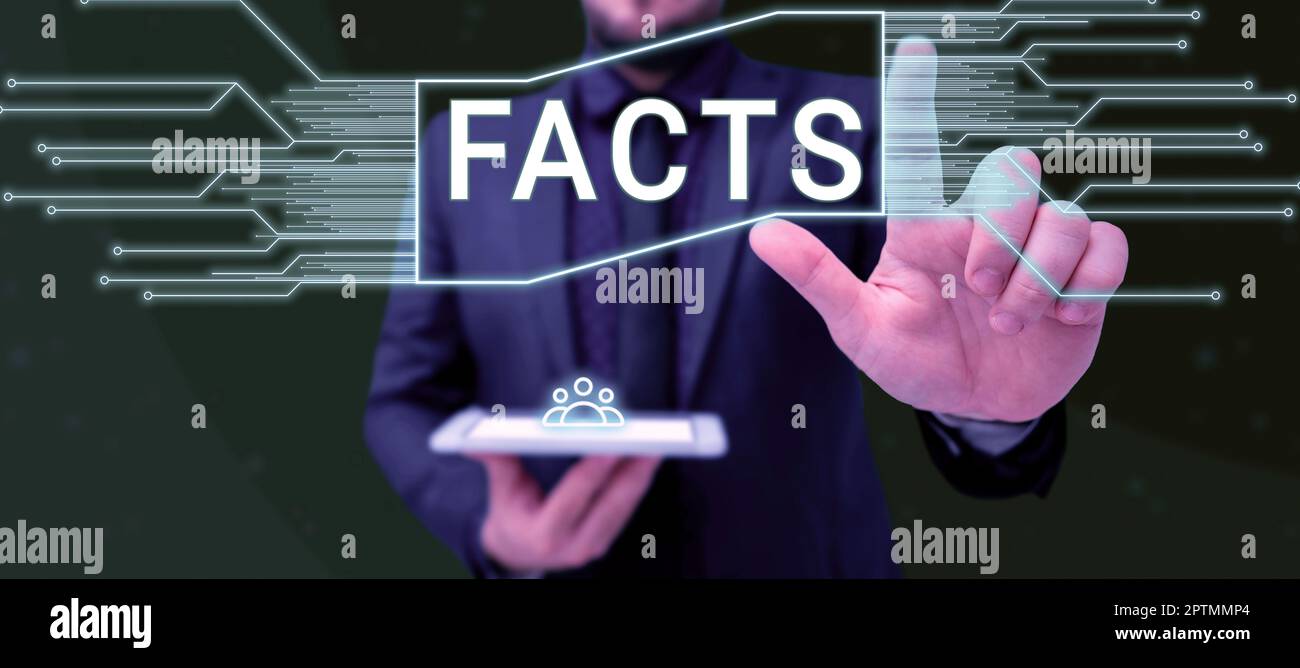 Hand writing sign Facts, Business approach information used as evidence ...