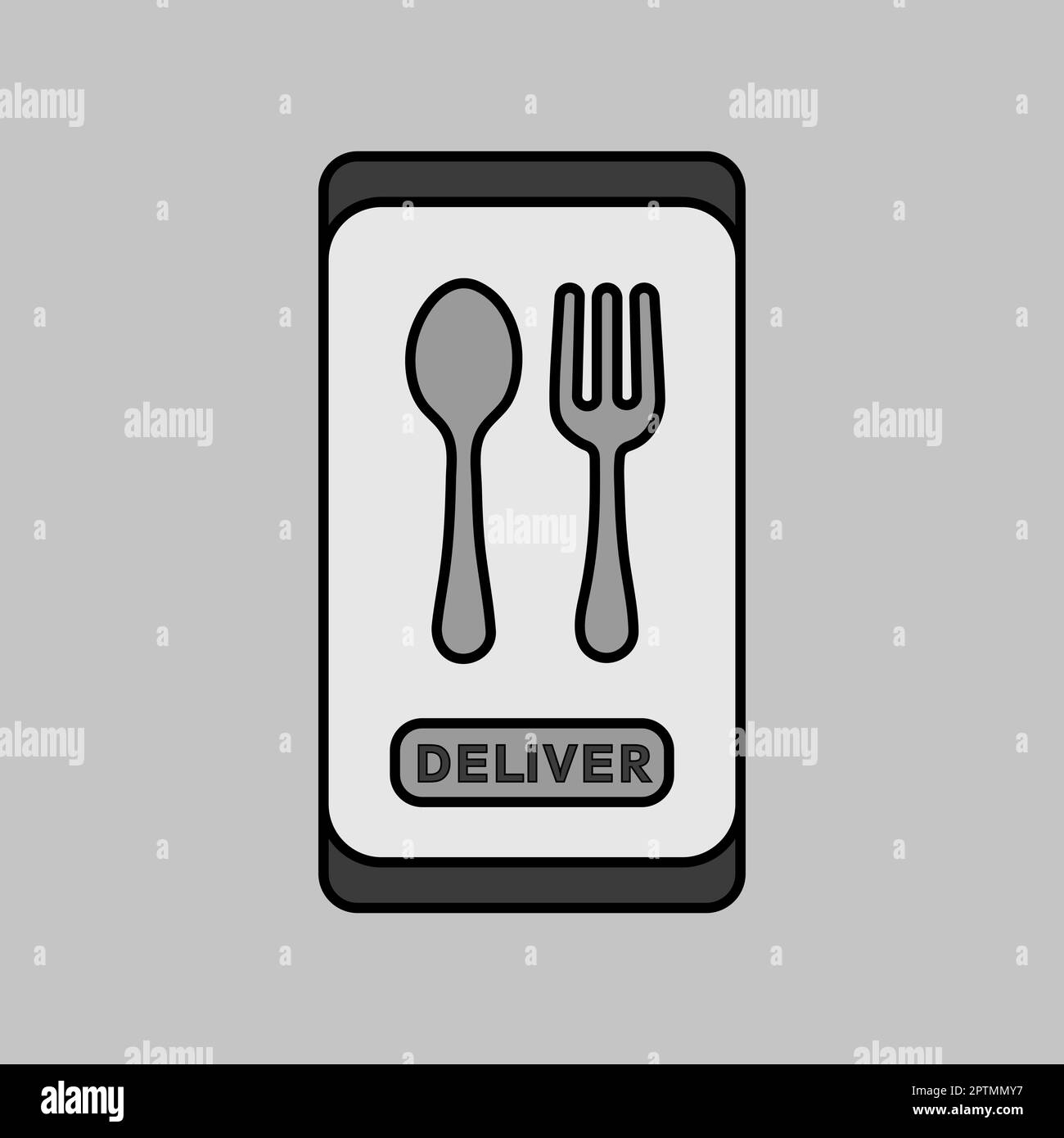 Fast food delivery service grayscale vector icon. Fork and spoon sign