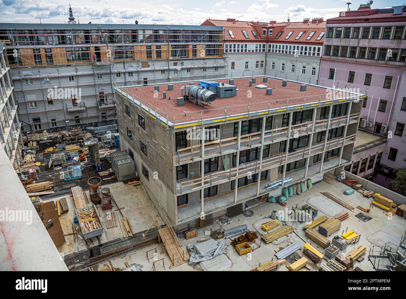 Aerial panoramic view of large construction site at sunny summer day in ...