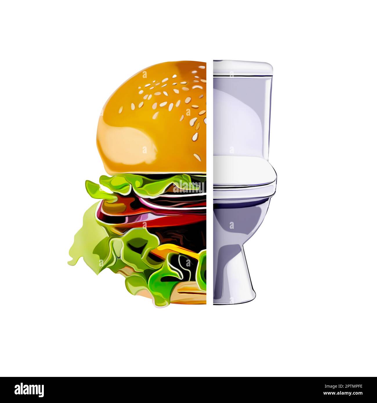 Bulimia eating disorder. Illustration of burger and toilet bowl on