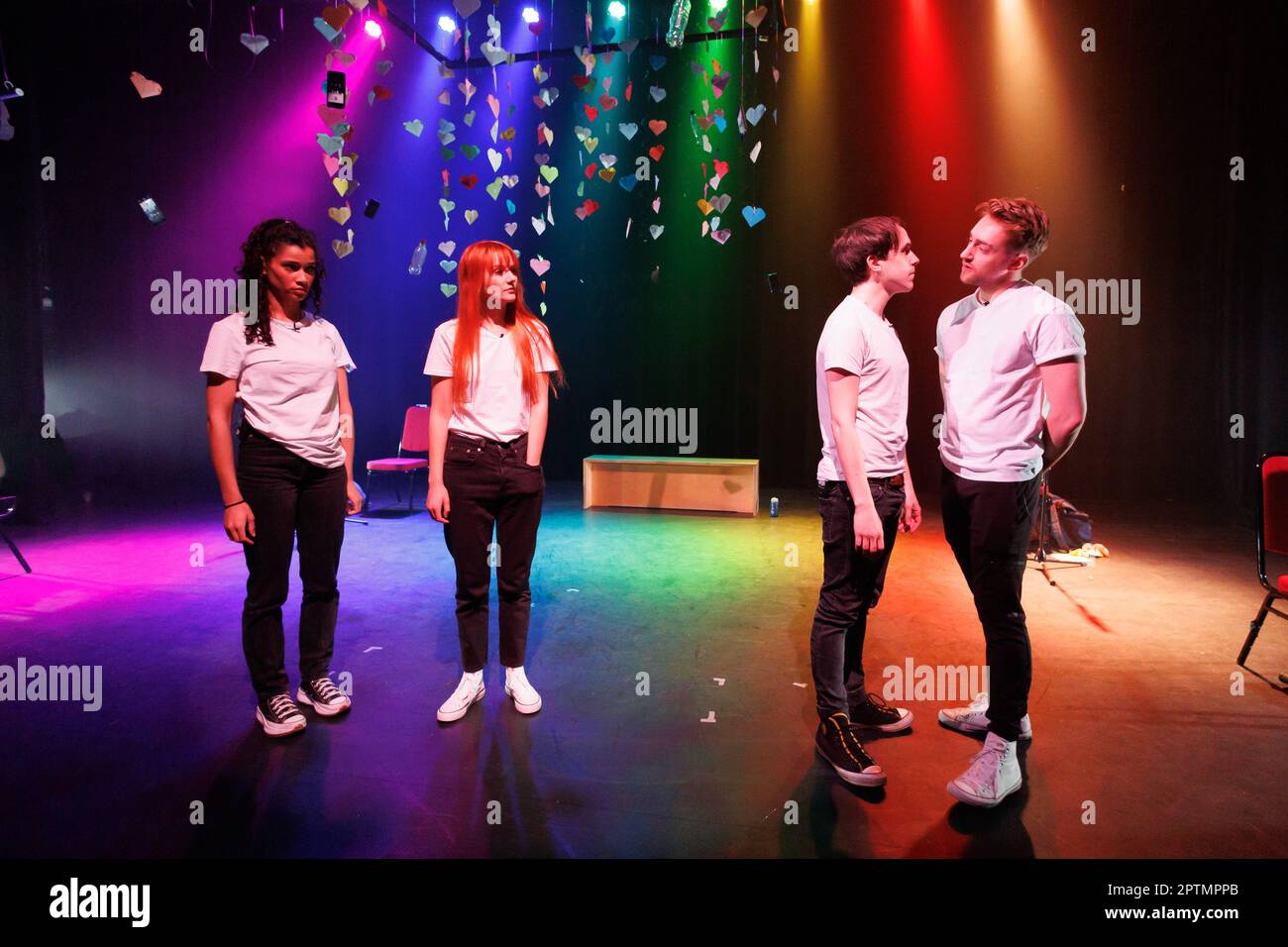 Picture taken at Final rehersal for ENACT: Volume One, a series of original plays written and developed in response to Young People's experiences and observations of healthy relationships through participatory workshops in schools. The plays were performed by the Cherwell Theatre Company. Pictured, the cast on stage, Krage Brown, Olivia Sinclair, Kylie Bates, Ross Tomlinson, Zoe Croft. Stock Photo