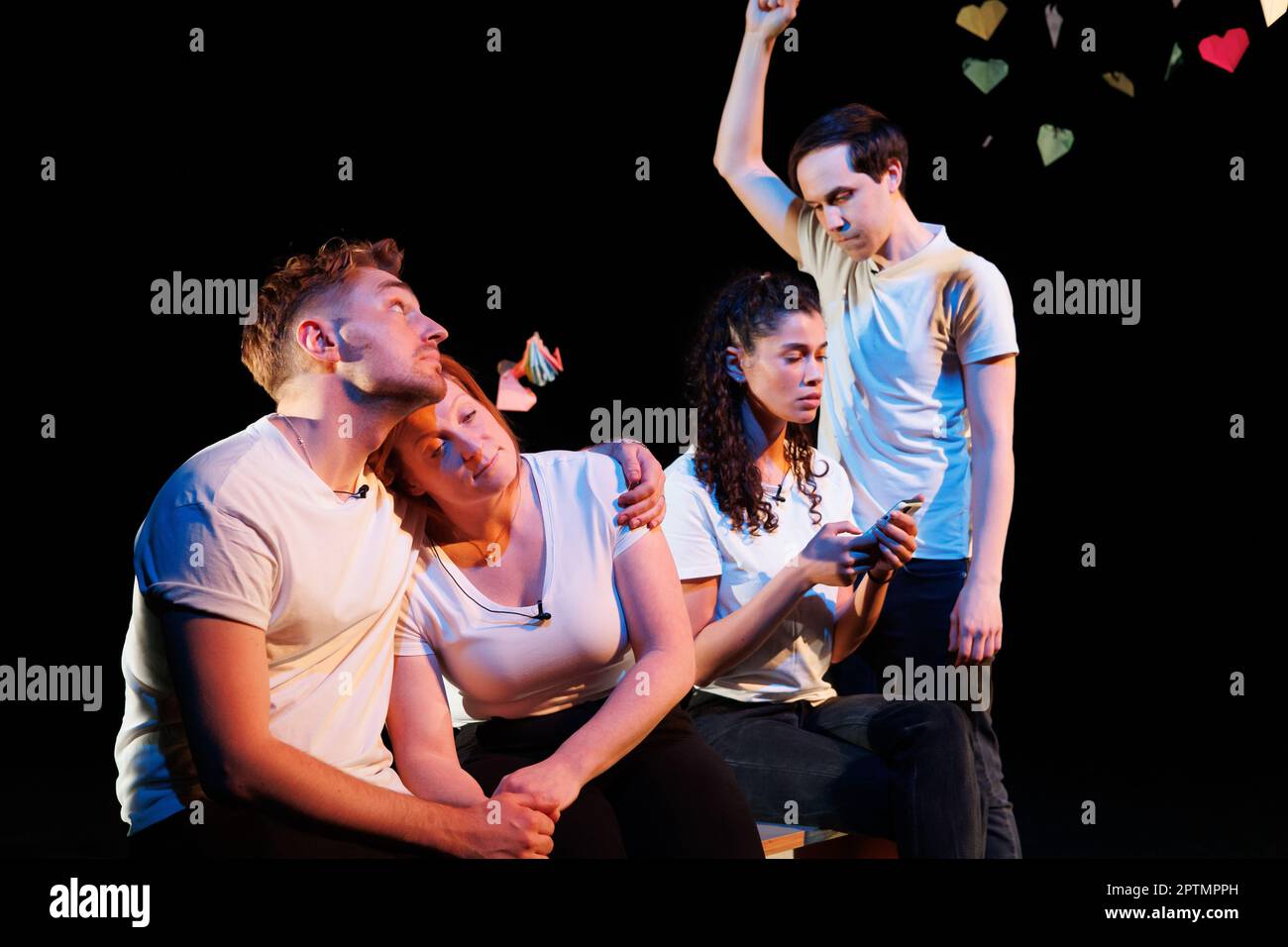 Picture taken at Final rehersal for ENACT: Volume One, a series of original plays written and developed in response to Young People's experiences and observations of healthy relationships through participatory workshops in schools. The plays were performed by the Cherwell Theatre Company. Pictured, the cast on stage, Krage Brown, Olivia Sinclair, Kylie Bates, Ross Tomlinson, Zoe Croft. Stock Photo