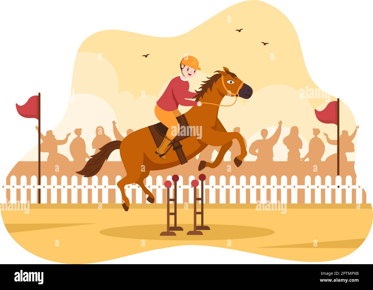 Horse Racing Competition in a Racecourse with Equestrian Performance Sport and Rider or Jockeys on Flat Cartoon Hand Drawn Templates Illustration Stock Vector