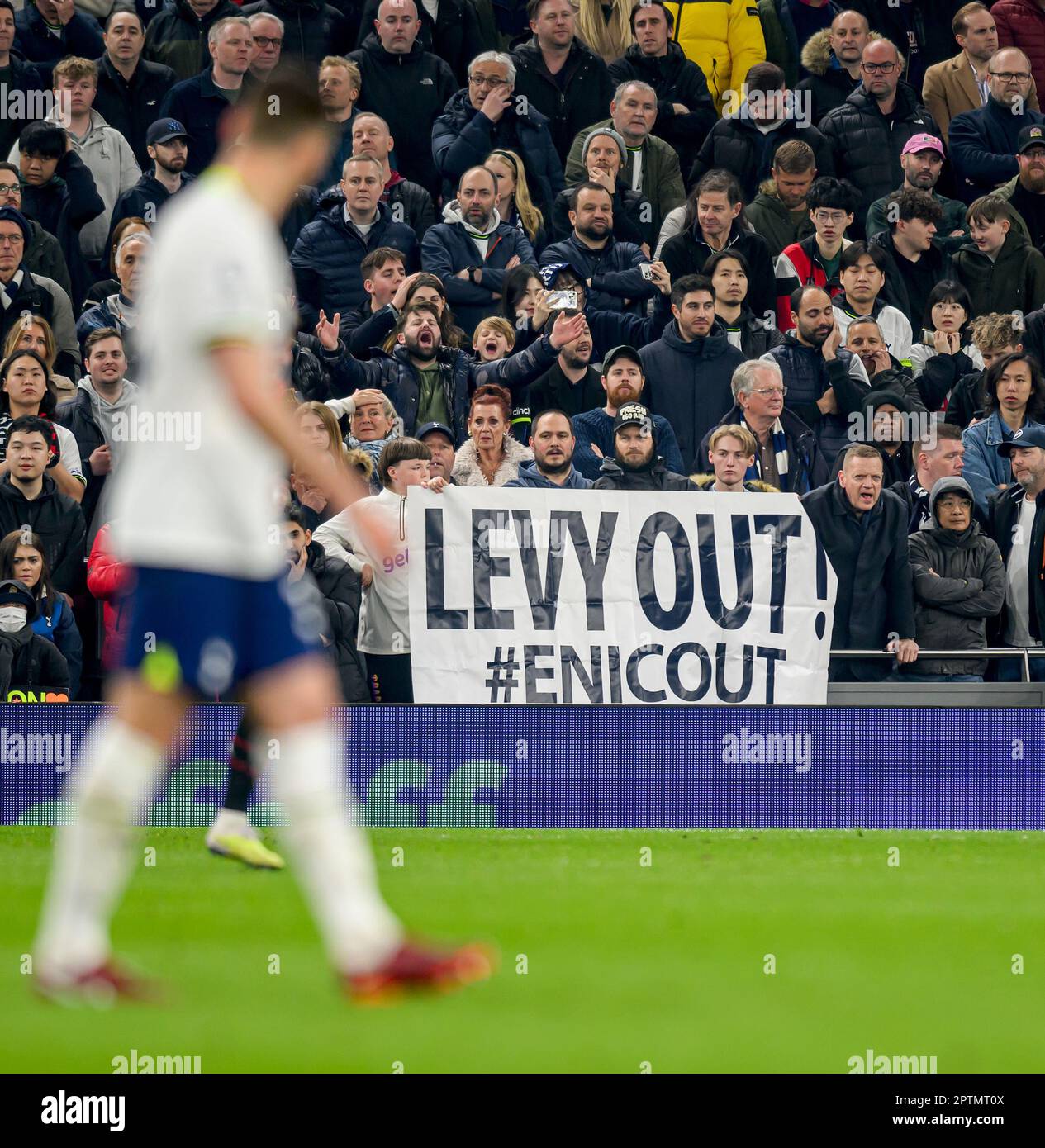 London, UK. 27th Apr, 2023. 27 Apr 2023 - Tottenham Hotspur v Manchester United - Premier League - Tottenham Hotspur Stadium A banner made by Tottenham fans showing their wishes for Chairman Daniel Levy and the governing owners ENIC to leave the club. Picture Credit: Mark Pain/Alamy Live News Stock Photo