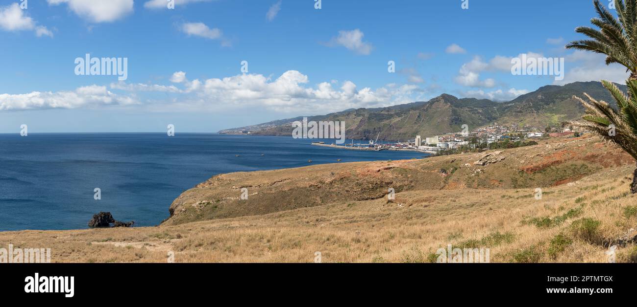 Madeira Island Portugal - 04 19 2023: Amazing panoramic view at the Caniçal Village, Machico, on coast close to the ocean, St. Lourenço Cape or Cabo d Stock Photo