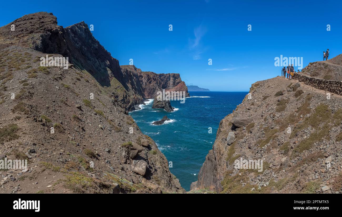 Madeira Island Portugal - 04 19 2023: Amazing view at the huge natural cliffs over the ocean, St. Lourenço Cape or Cabo de São Lourenço, on Madeira Is Stock Photo
