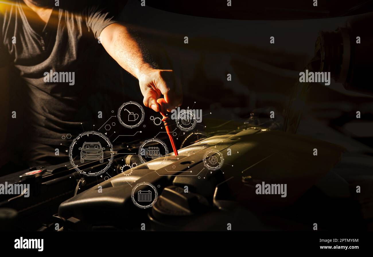 Car mechanic working in auto repair service and maintenance icon. Car service and maintenance concept.double exposure. Stock Photo