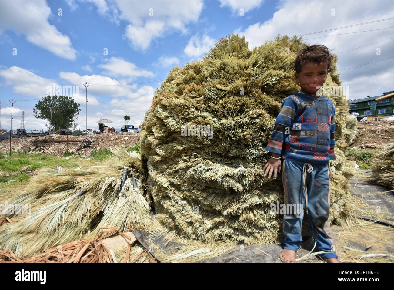 April 27, 2023, Srinagar, Jammu and Kashmir, India: In Srinagar, the summer capital of Indian-administered Kashmir, a migrant boy from the Indian state of Rajasthan poses for portrait near brooms by the side of the road on April 27, 2023. Over the past three decades, Kashmir has experienced an unprecedented influx of low-income migrants from various regions of India. Many of them still carry the stigma of untouchability and low caste degradation and live in poverty with limited access to education and sanitary living conditions. Families as a whole, often from the Indian state of Rajasthan, la Stock Photo