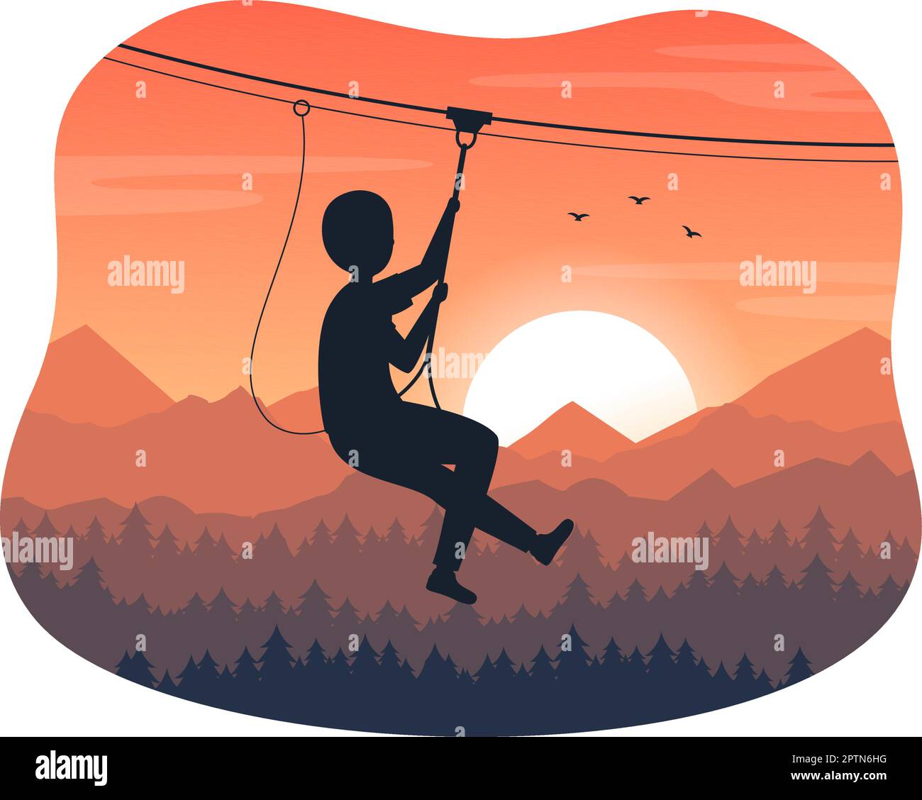 Zip Line Illustration with Visitors Walking on an Obstacle Course and