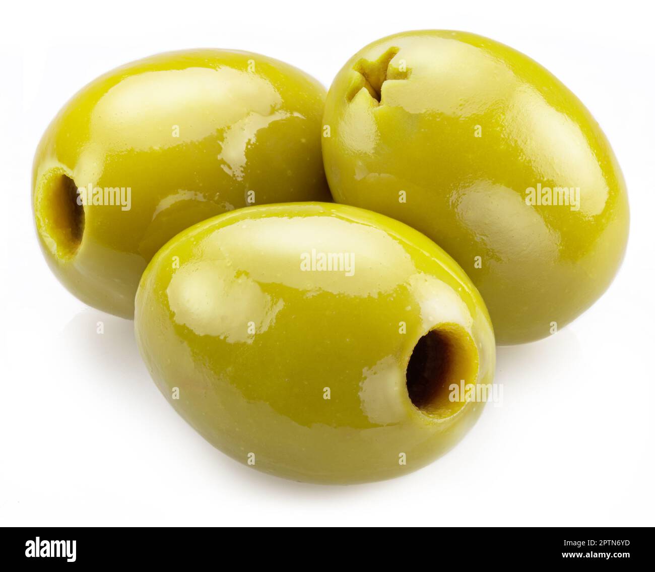 Three pitted green olives isolated on white background Stock Photo Alamy