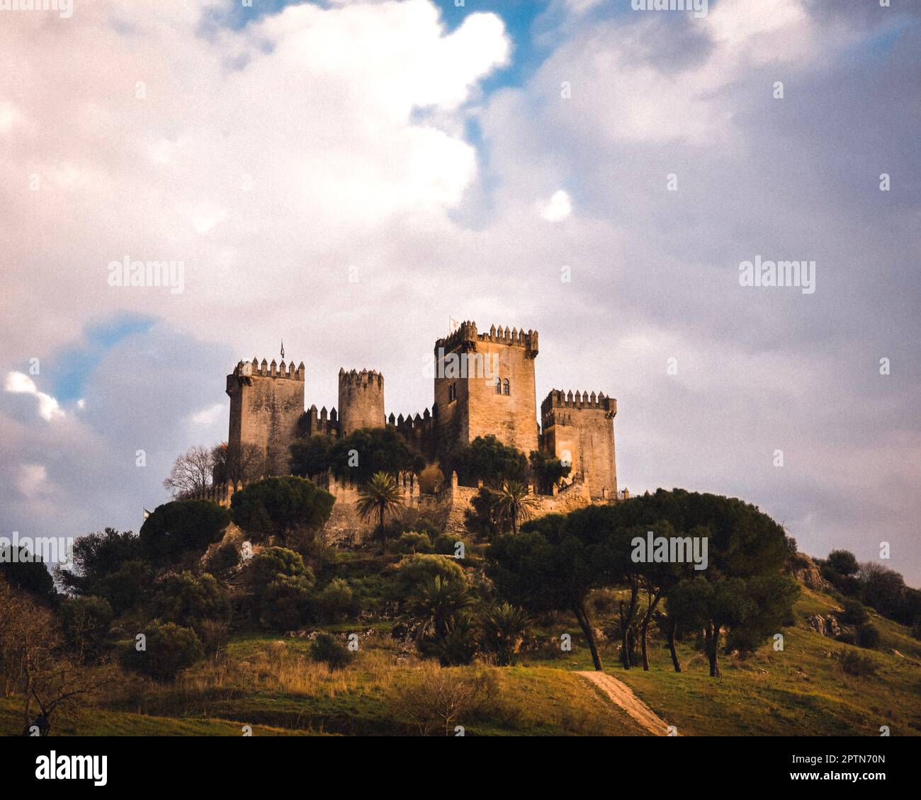 Medieval castle on top of a hill at sunset Stock Photo - Alamy