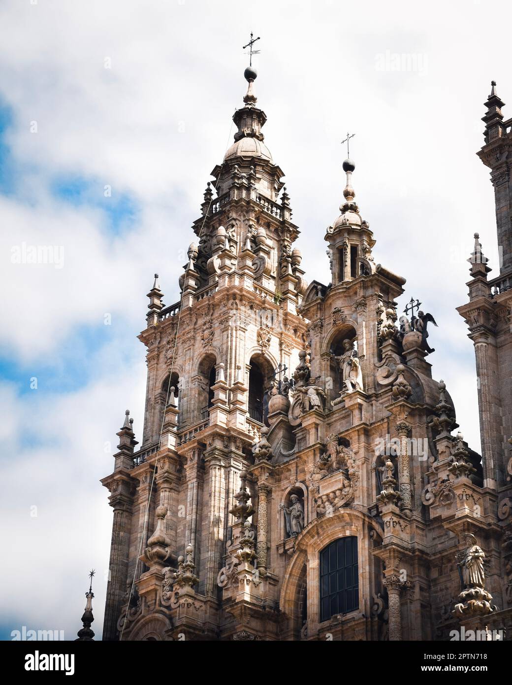 sculptures on the tower of the cathedral of Santiago de Compostela Stock Photo