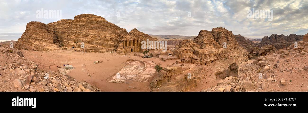 Ad-Deir or The Monastery in the Lost City of Petra. Panoramic Ph Stock Photo
