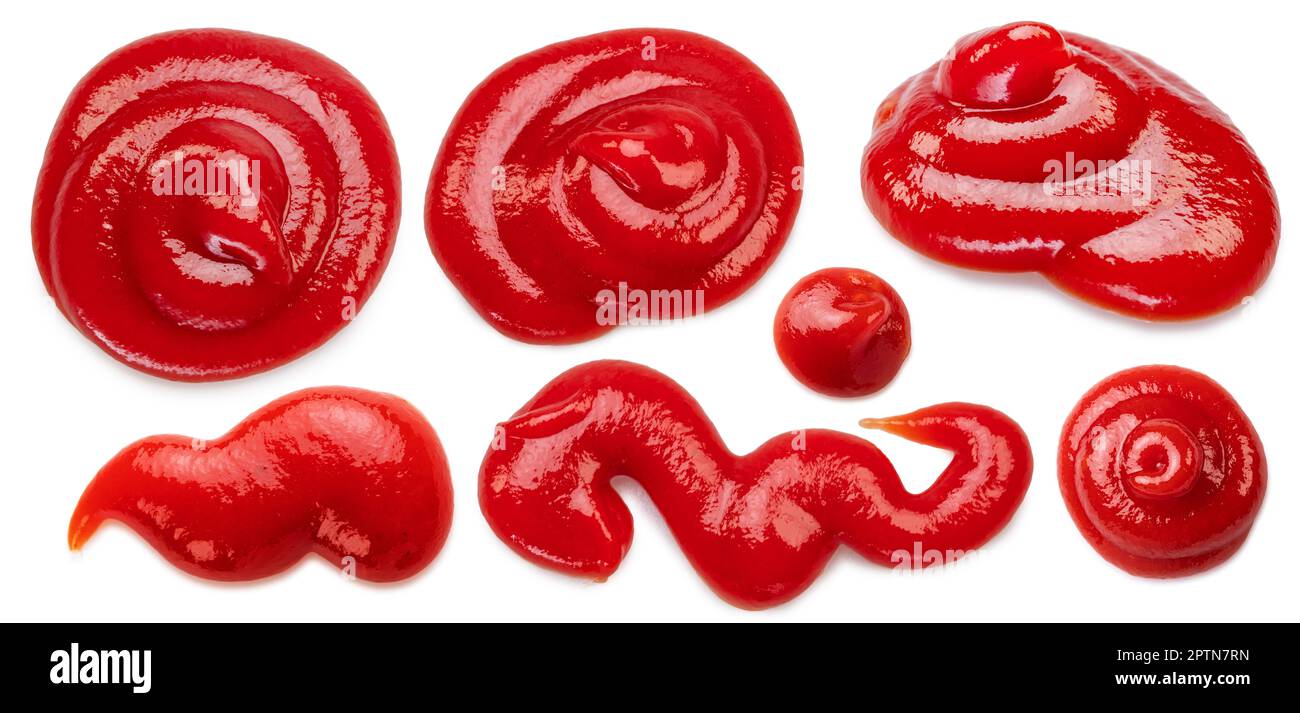 Tomato sauce or ketchup stains isolated on white background. Flat lay