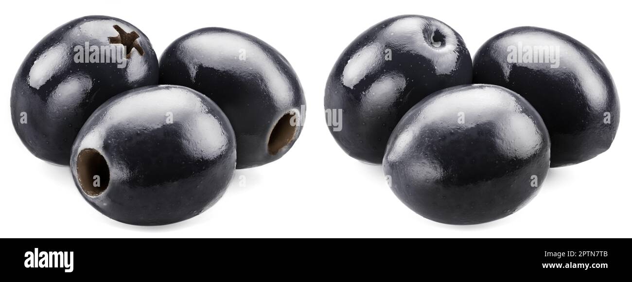 Two groups of pitted black olives and whole balck olives isolated on white background Stock