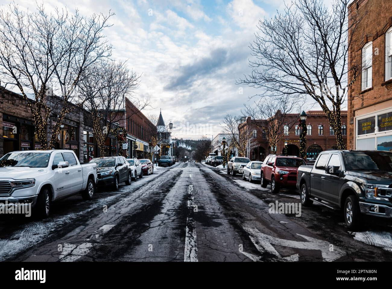 Flagstaff Arizona winter street downtown during holidays Stock Photo