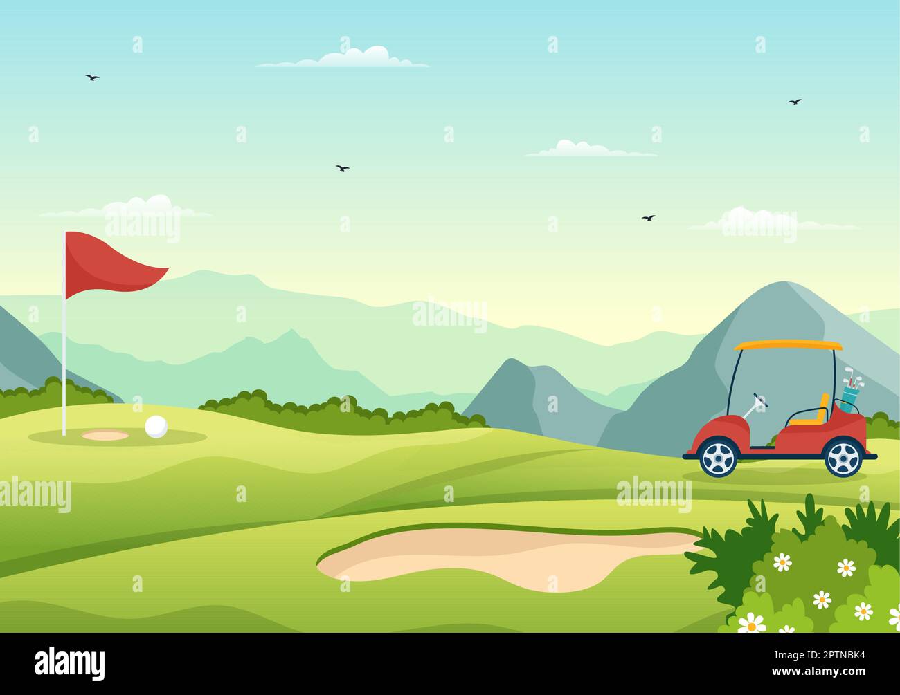 Golf Sport Illustration with Flags, Cart, Sticks, Green Field and Sand