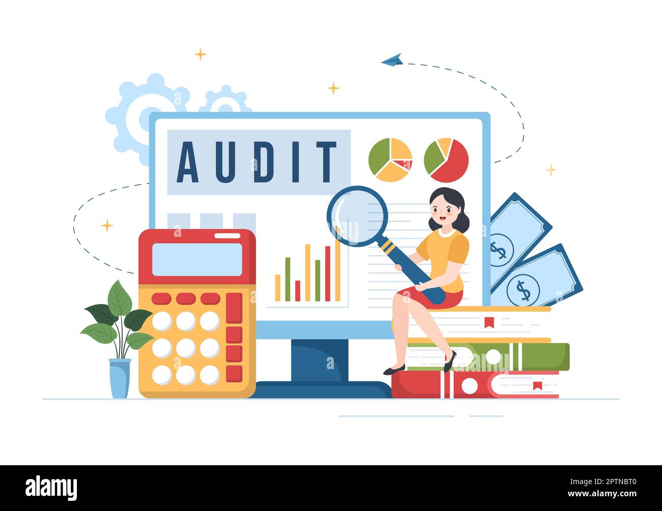 Business Audit of Documents with Charts, Accounting, Calculations and Financial Report Analytics in Flat Cartoon Hand Drawn Templates Illustration Stock Photo