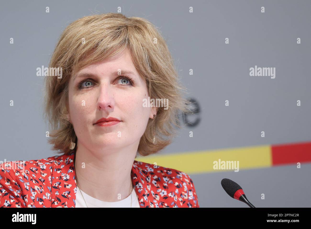 Namur, Belgium. 28th Apr, 2023. Walloon Minister for Environment, Nature, Animal Welfare and Rural renovation Celine Tellier pictured during a press conference of the Walloon Government to present the adjusted budget for 2023, in Namur, Friday 28 April 2023. The Walloon Government will present its adjusted budget for 2023, the investments that will be mobilised in order to rebuild the areas affected by the floods of July 2021 as well as its project to reform car taxation. BELGA PHOTO BRUNO FAHY Credit: Belga News Agency/Alamy Live News Stock Photo