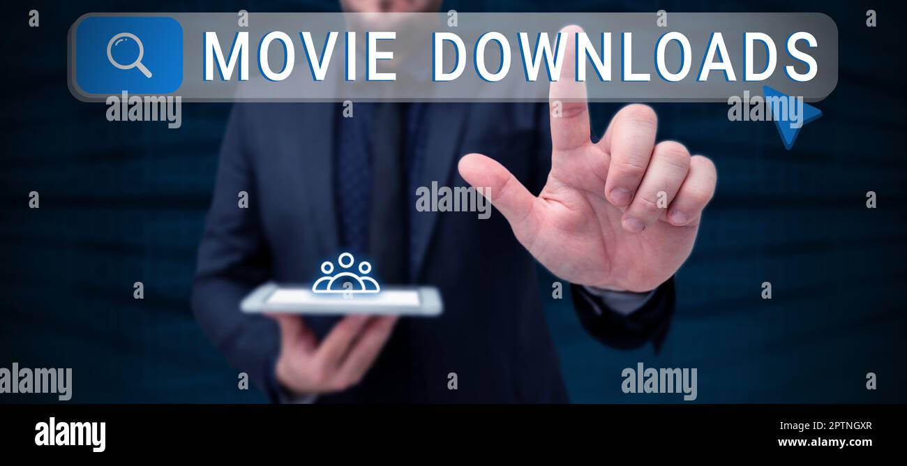 Conceptual display Movie Downloads, Word for transfers entire film for local storage and later use Stock Photo