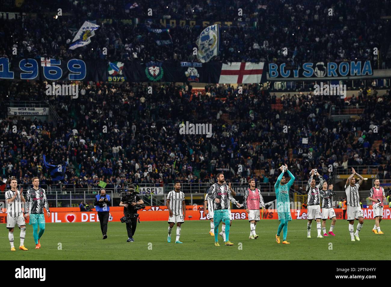 Milan, Italy. 26th Apr, 2023. April 26, 2023, Milan, Lombardy, Italy:  Italy, Milan, apr 26 2023: players of Juventus FC Arkadiusz Milik, Wojciech  Szczesny, Alex Sandro Lobo, Carlo Pinsoglio, Daniele RUgani, Leonardo