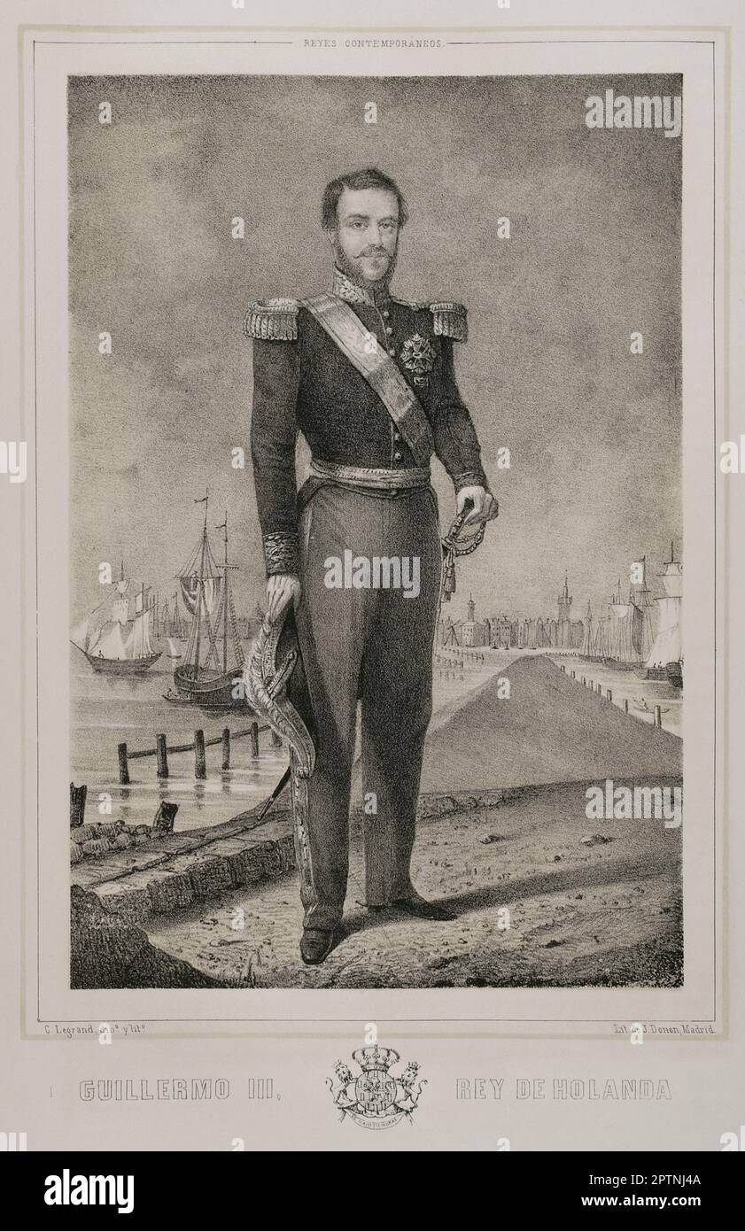 William III of the Netherlands (1817-1890). King of the Netherlands and Grand Duke of Luxembourg (1849-1890). Portrait. Drawing by C. Legrand. Lithography by J. Donón. 'Reyes Contemporáneos'. Volume I. Published in Madrid, 1855. Stock Photo