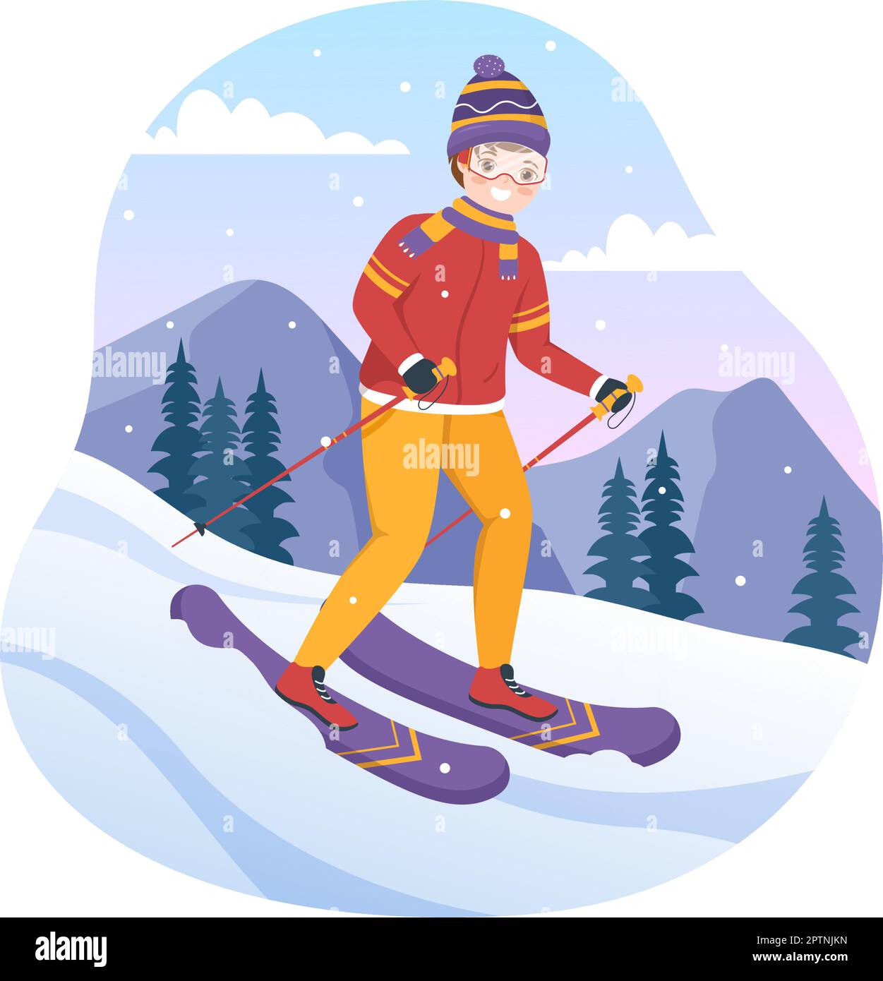 Ski Illustration with Skiers Sliding Near Mountain Going Downhill in