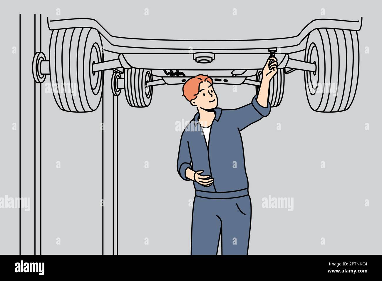 Automobile mechanic working under lifted car. Repairman doing repair