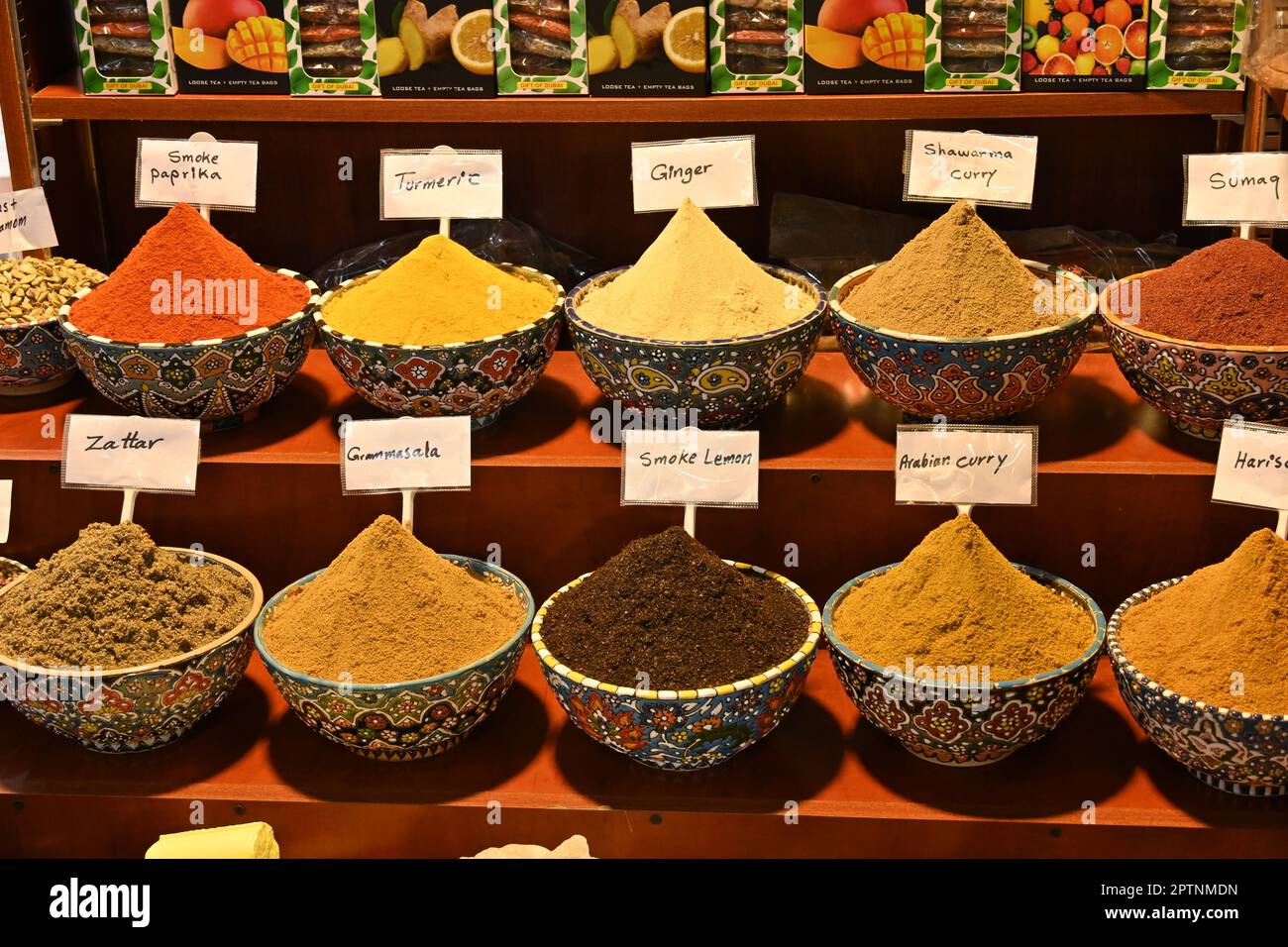 Closeup of mixed spices sold in a shop in Deira, Dubai United Arab