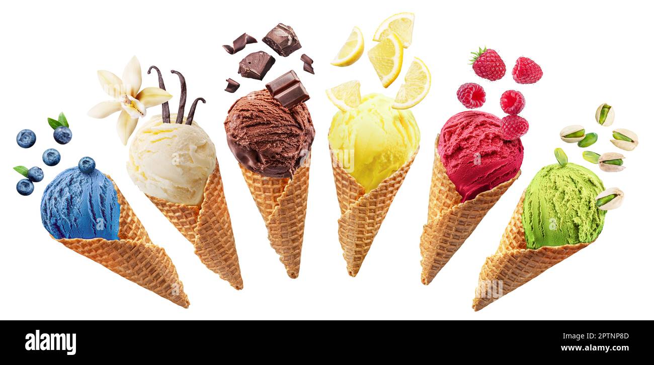 Set of different types of ice cream balls in waffle cones with ice